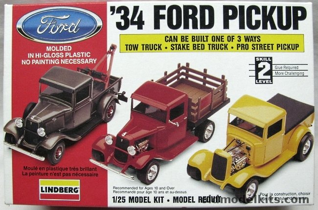 Lindberg 1/25 1934 Ford Pickup 3 In 1 - Tow Truck / Stake Bed Truck / Pro Street, 72157 plastic model kit